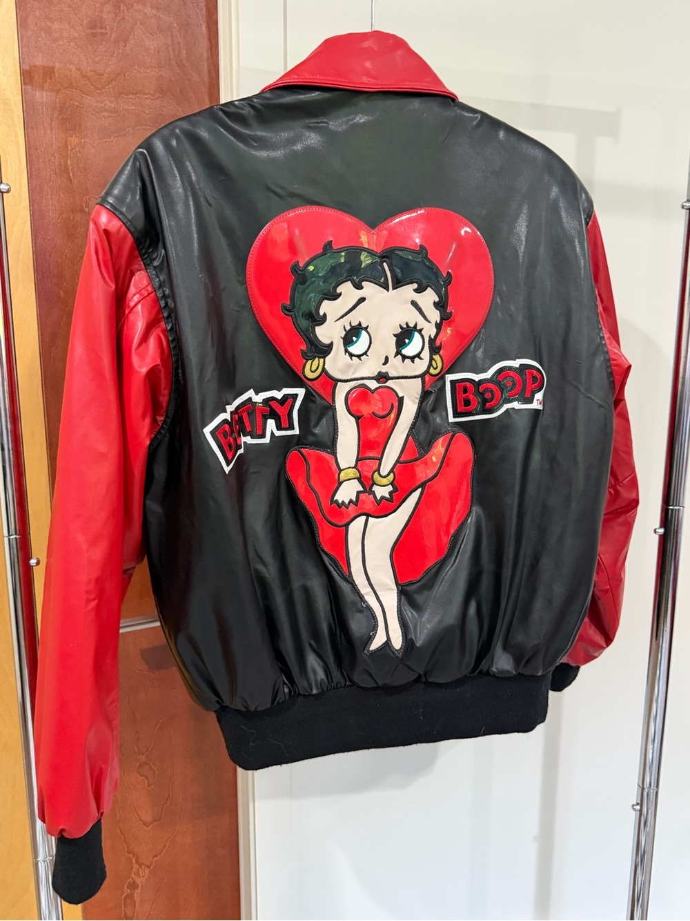 Vtg 2004 Betty Boop Jacket Mens Excelled Black Red Faux Leather Bomber Sz L Y2K